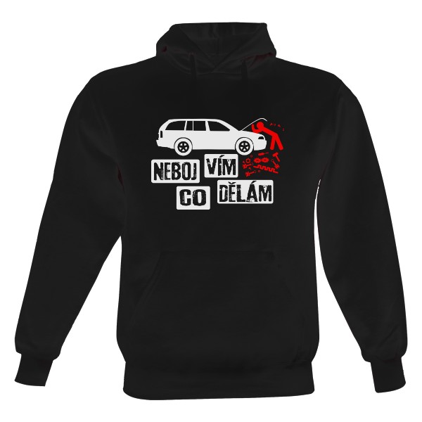 Pánská mikina s kapucí Just Hoods s potiskem Automechanik, neboj vím co dělám II